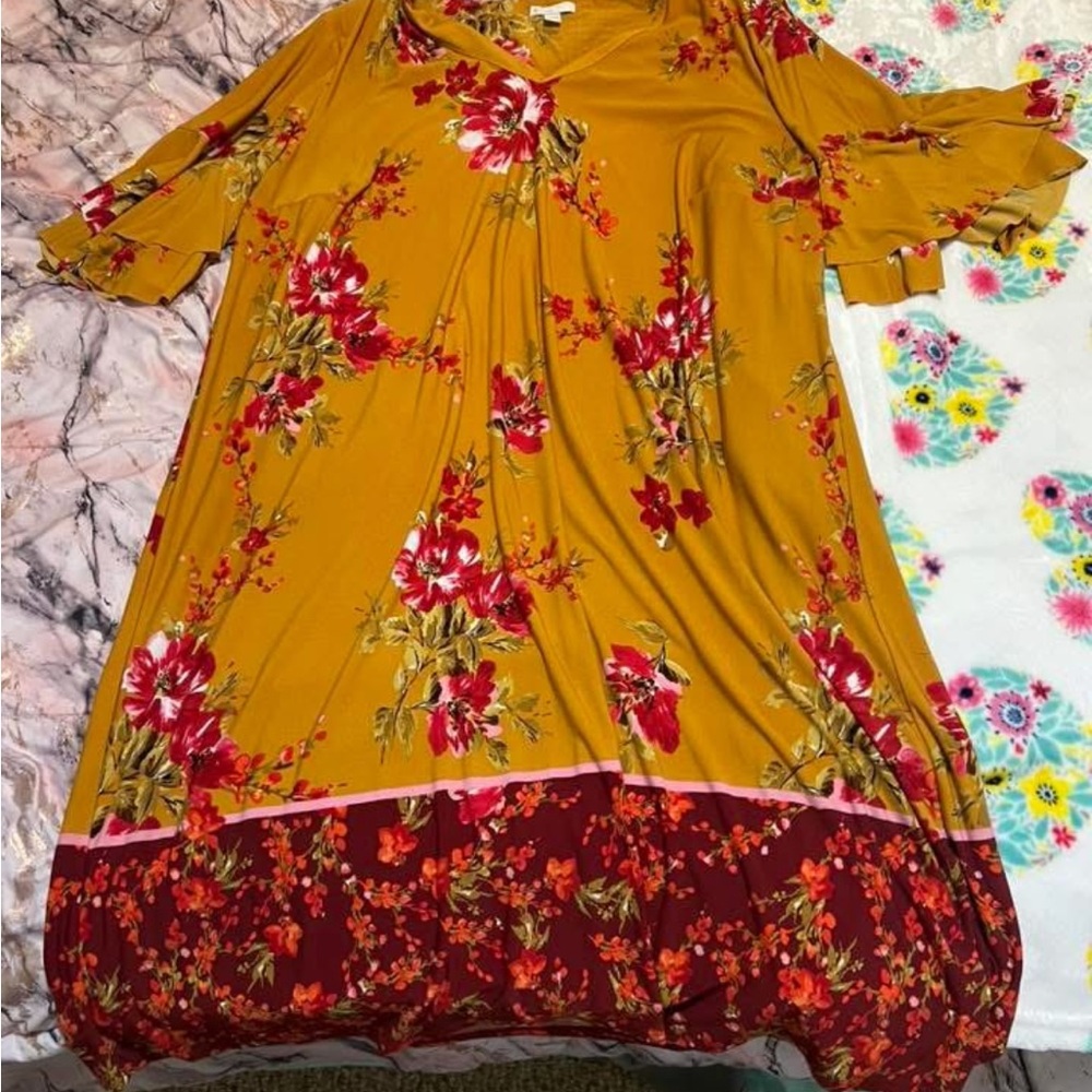 Floral Mustard and Burgundy Dress